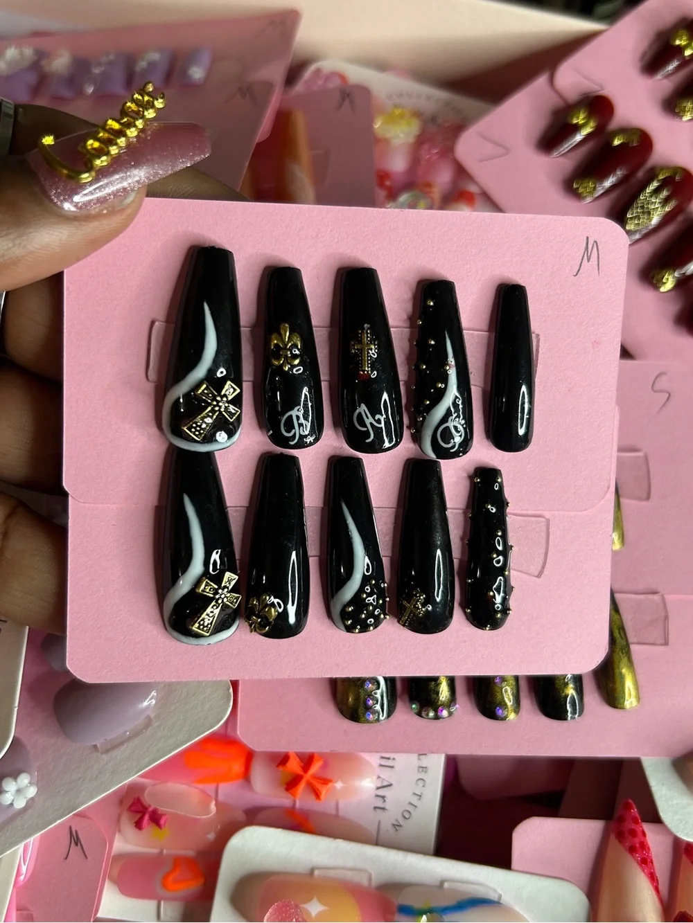 Black Stiletto Press-On Nails with Gold Accents